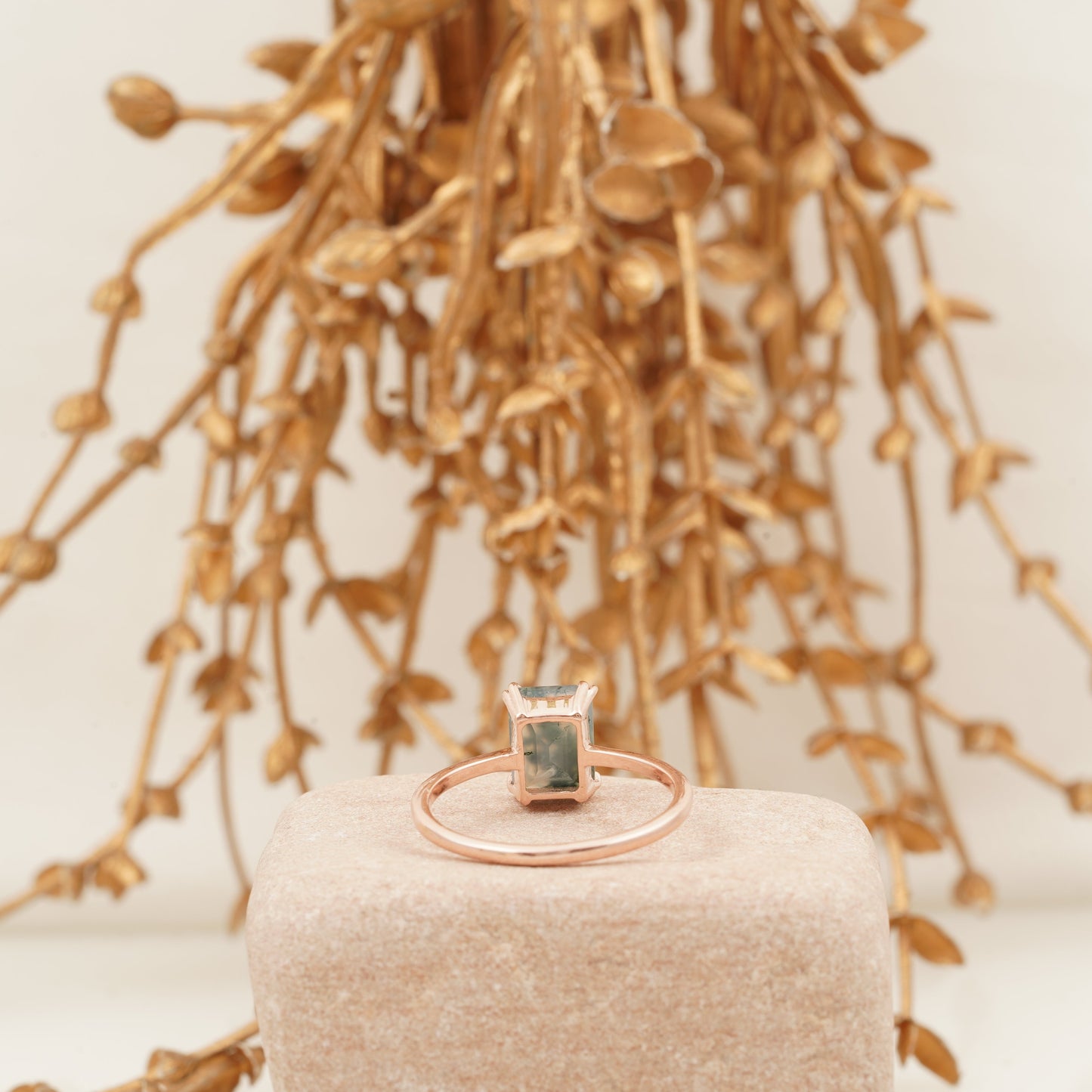 Emerald Cut Moss Agate Green Gemstone Solitaire Ring Back SIde