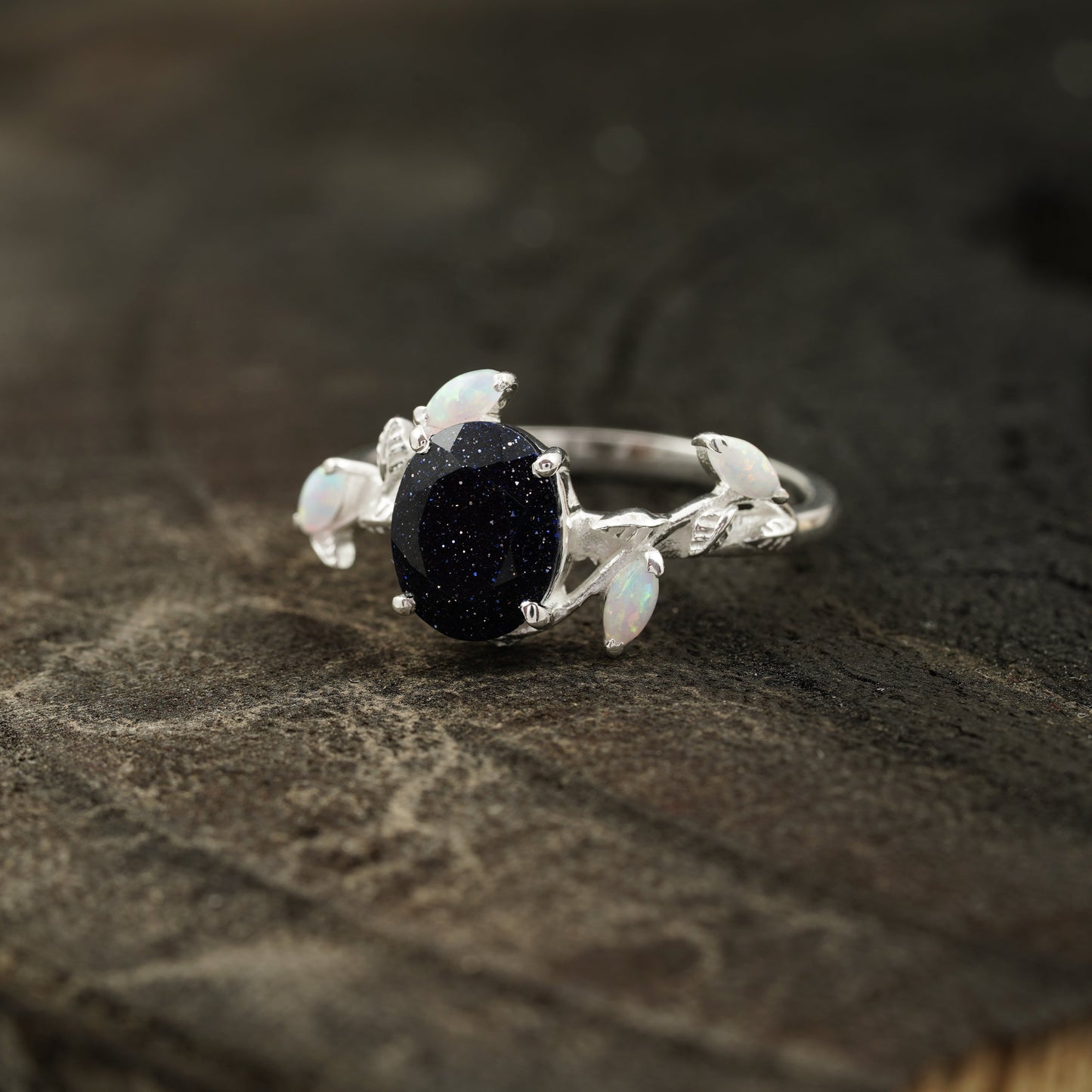 Oval Blue Sandstone Leaf Opal Silver Engagement Ring Left Angle