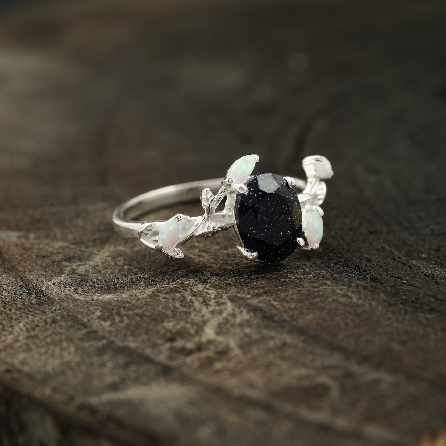 Oval Blue Sandstone Leaf Opal Silver Engagement Ring Right Angle