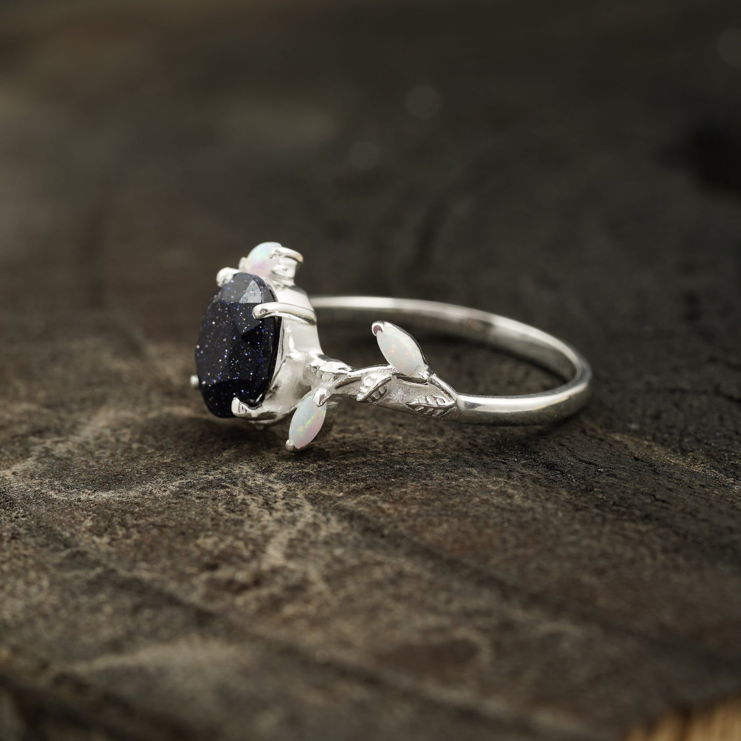 Oval Blue Sandstone Leaf Opal Silver Engagement Ring Side Position