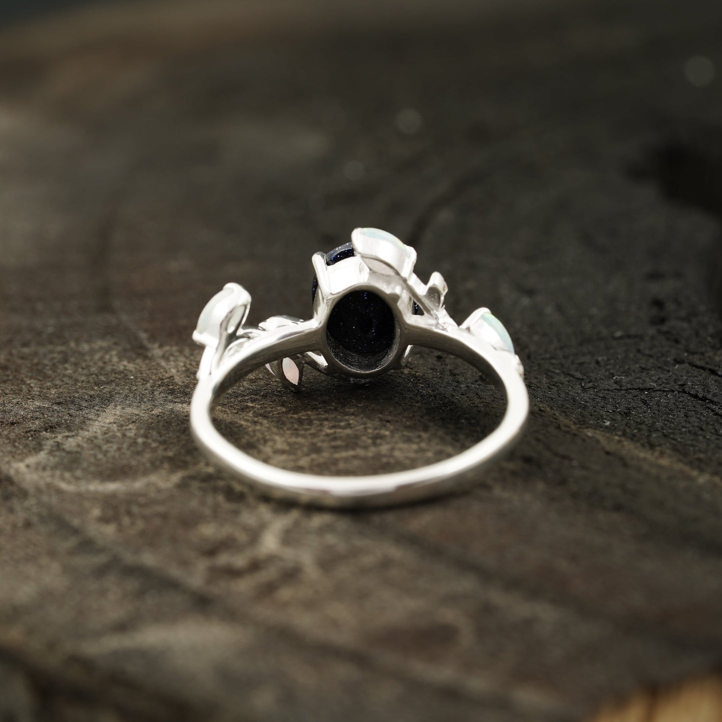 Oval Blue Sandstone Leaf Opal Silver Engagement Ring Back SIde