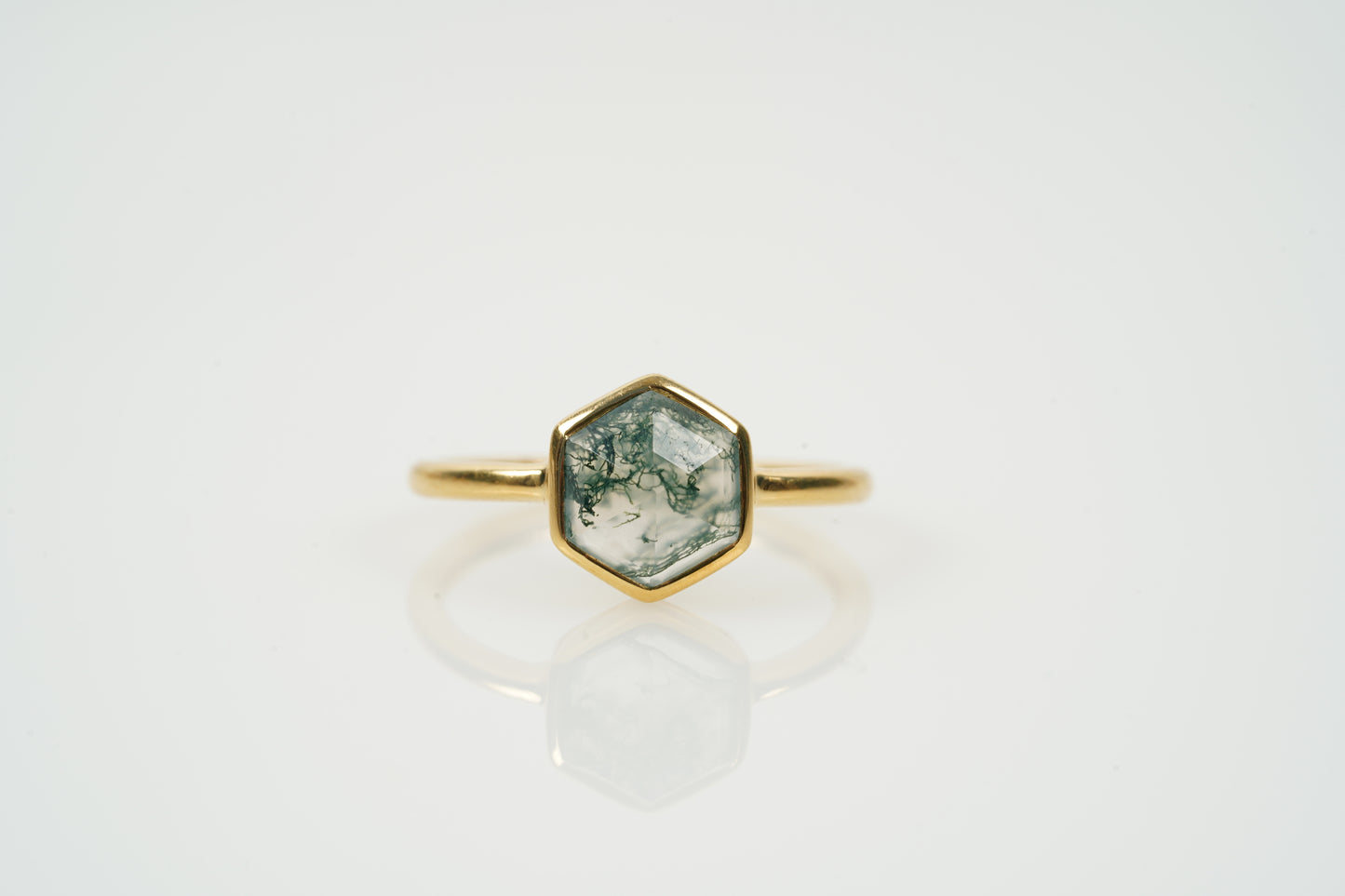 Hexagon Cut Moss Agate Bezel Set Engagement Ring
