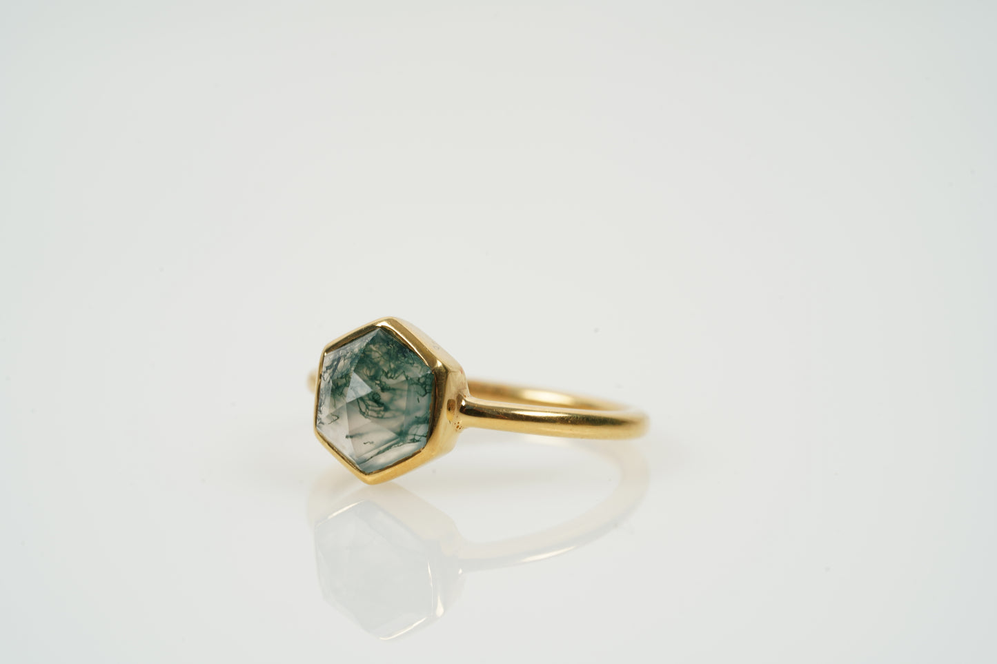 Hexagon Cut Moss Agate Bezel Set Engagement Ring