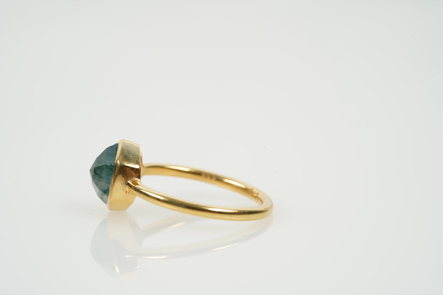Hexagon Cut Moss Agate Bezel Set Engagement Ring