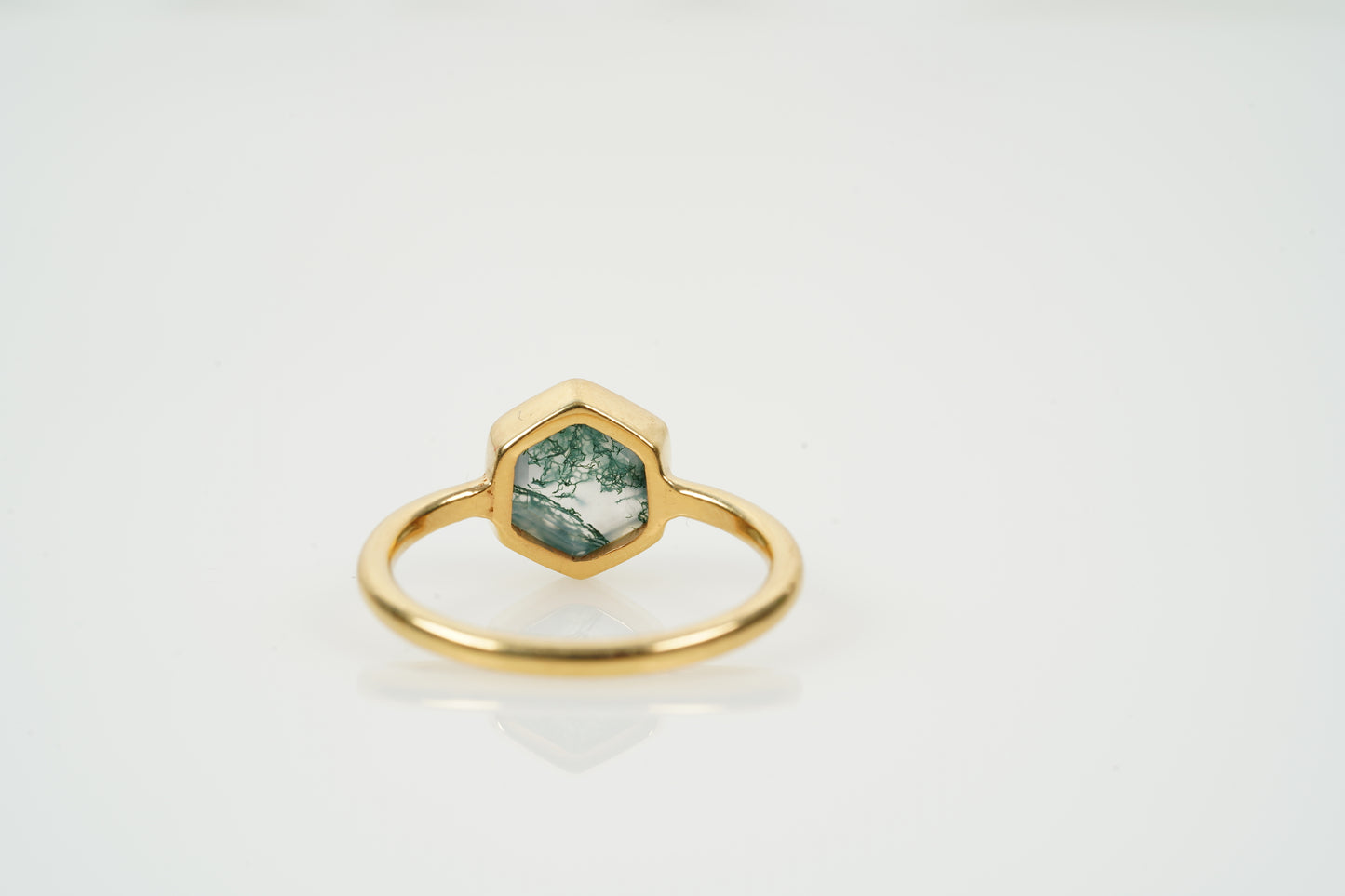 Hexagon Cut Moss Agate Bezel Set Engagement Ring