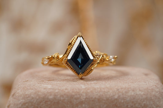 Kite Sapphire Engagement Ring Leaf Art Deco Solid Gold Ring