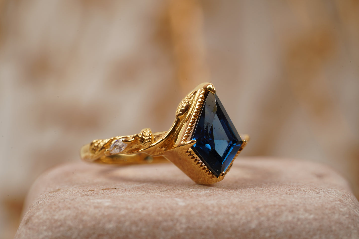 Kite Sapphire Engagement Ring Leaf Art Deco Solid Gold Ring