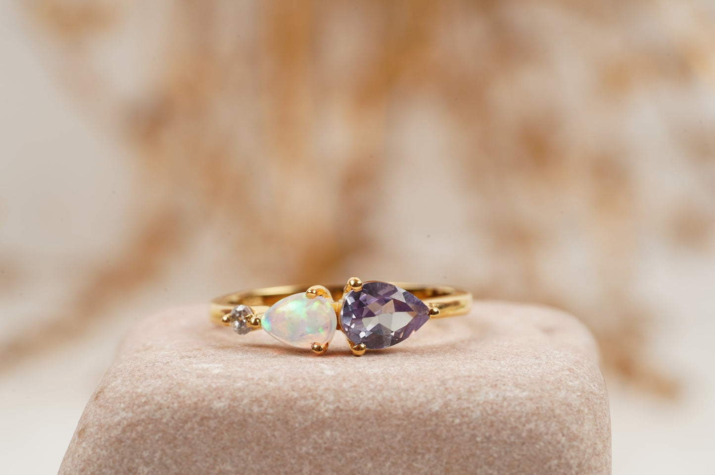 Pear Cut Alexandrite Art Deco Moissanite 3 Stone Wedding Band