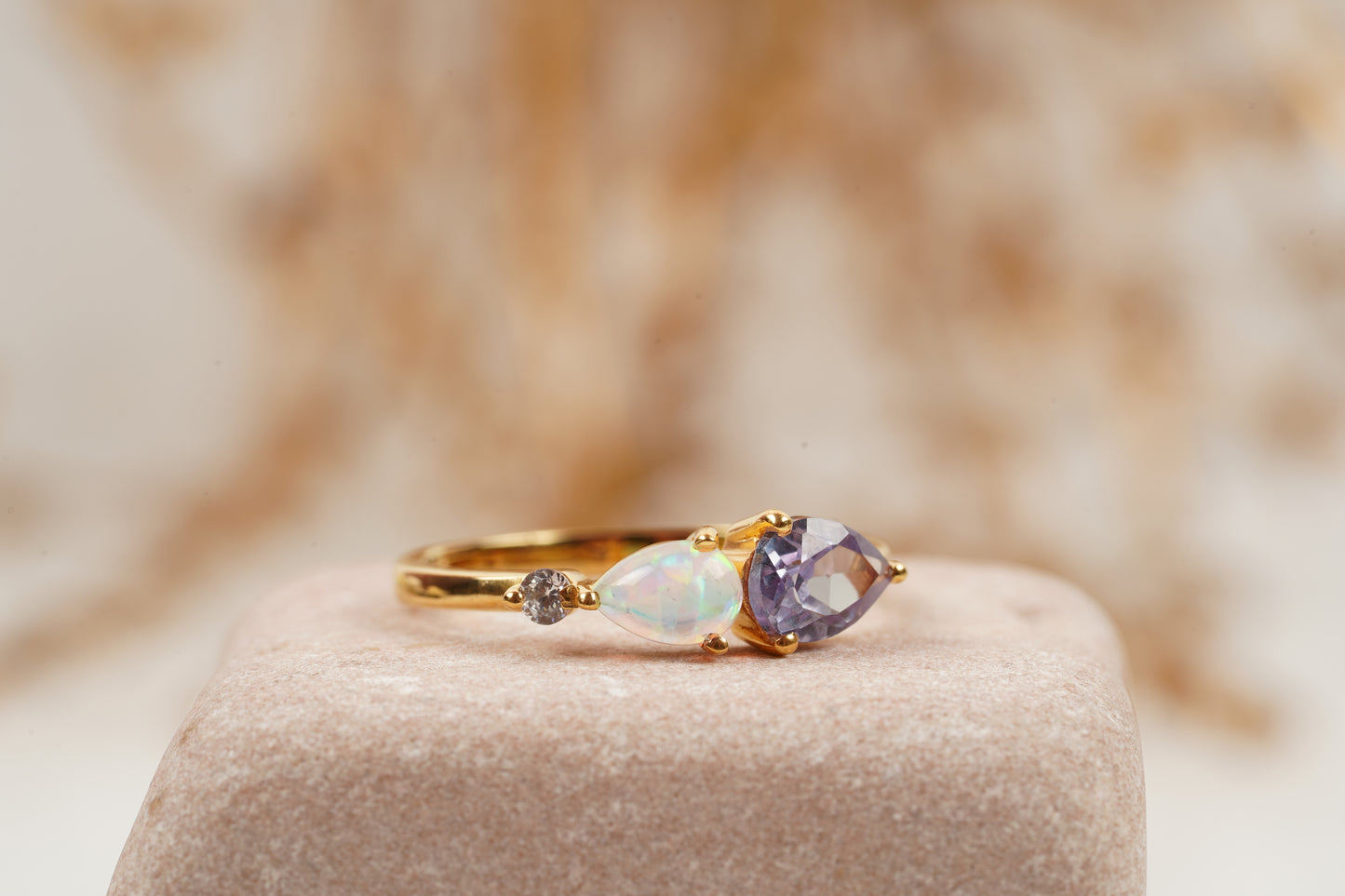 Pear Cut Alexandrite Art Deco Moissanite 3 Stone Wedding Band