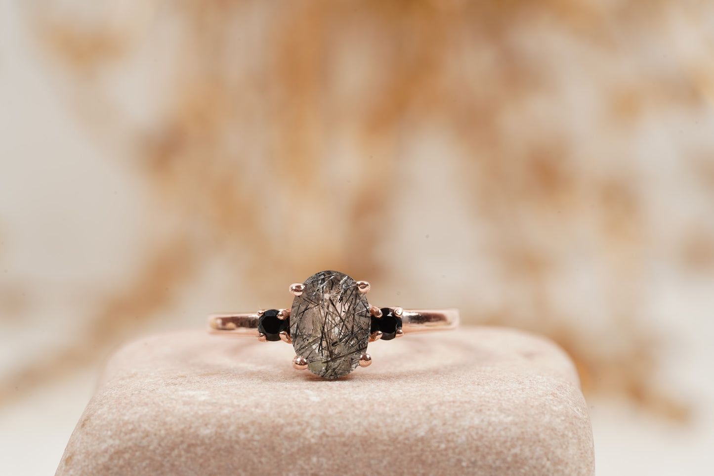 Oval Cut Black Rutile Quartz Engagement Ring 14K Rose Gold