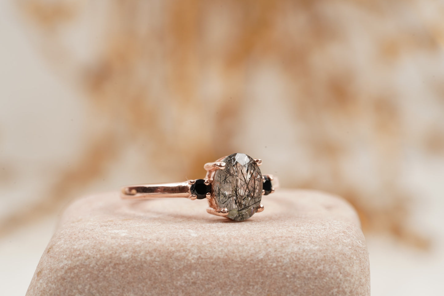 Oval Cut Black Rutile Quartz Engagement Ring 14K Rose Gold