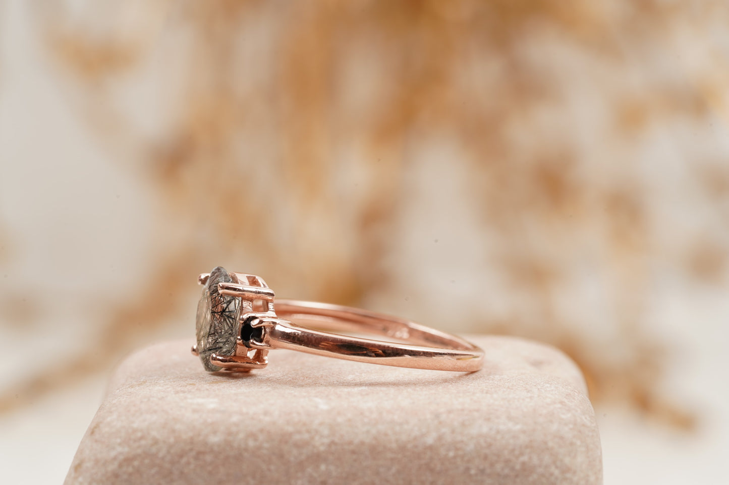 Oval Cut Black Rutile Quartz Engagement Ring 14K Rose Gold