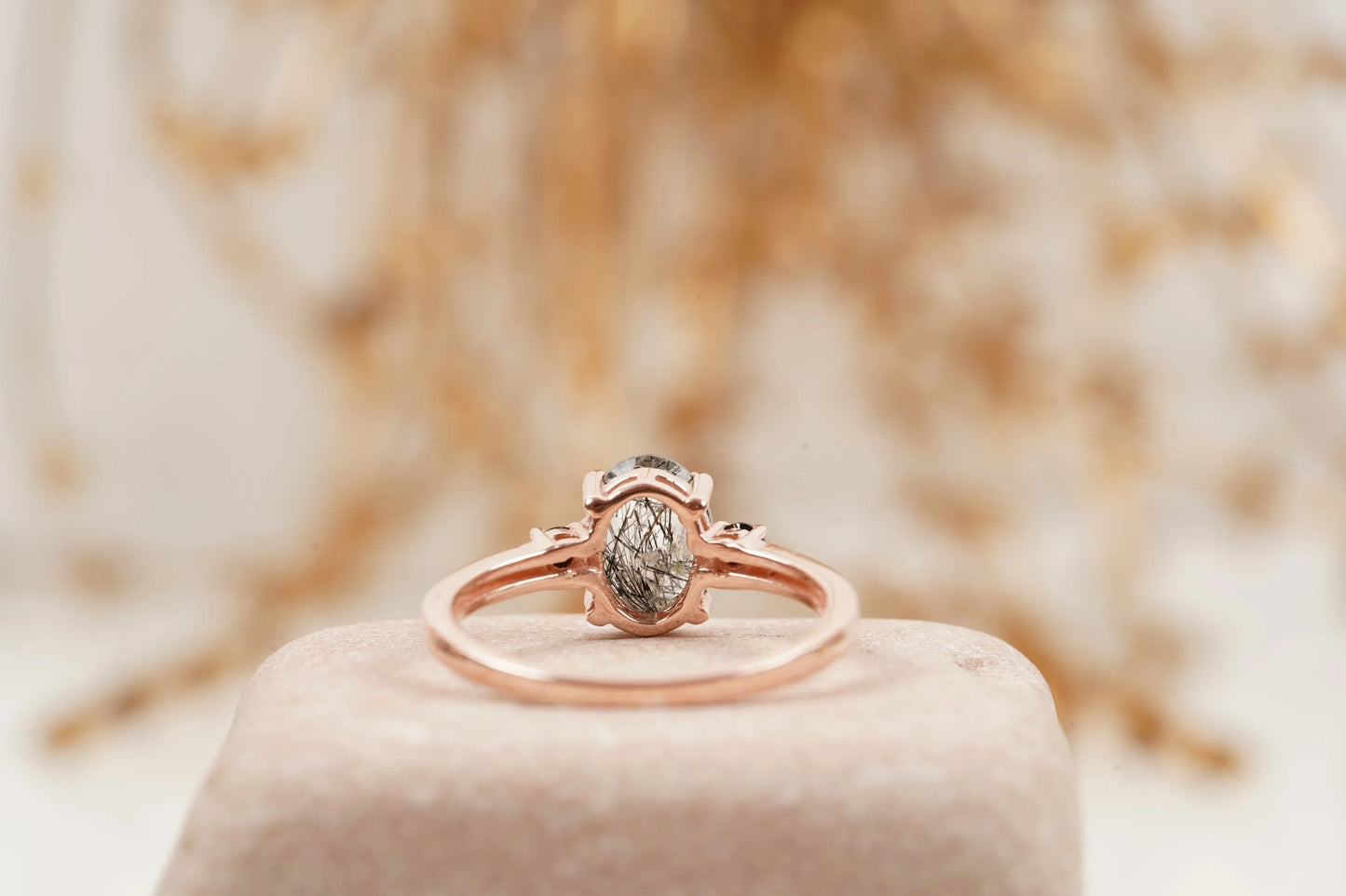 Oval Cut Black Rutile Quartz Engagement Ring 14K Rose Gold - MinimalistJewels