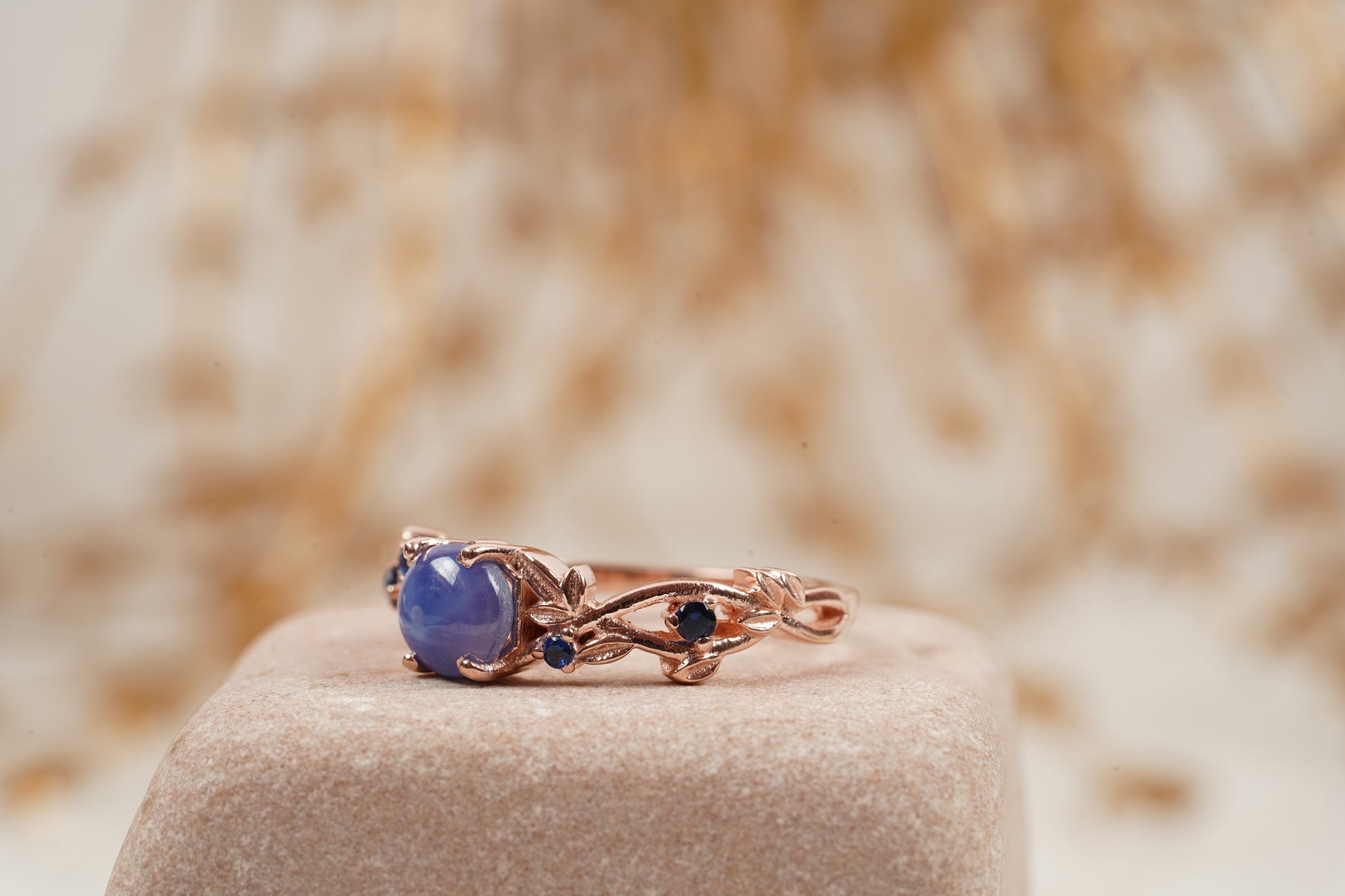 Vintage Star Sapphire Branch Leaf Engagement Ring Left Side