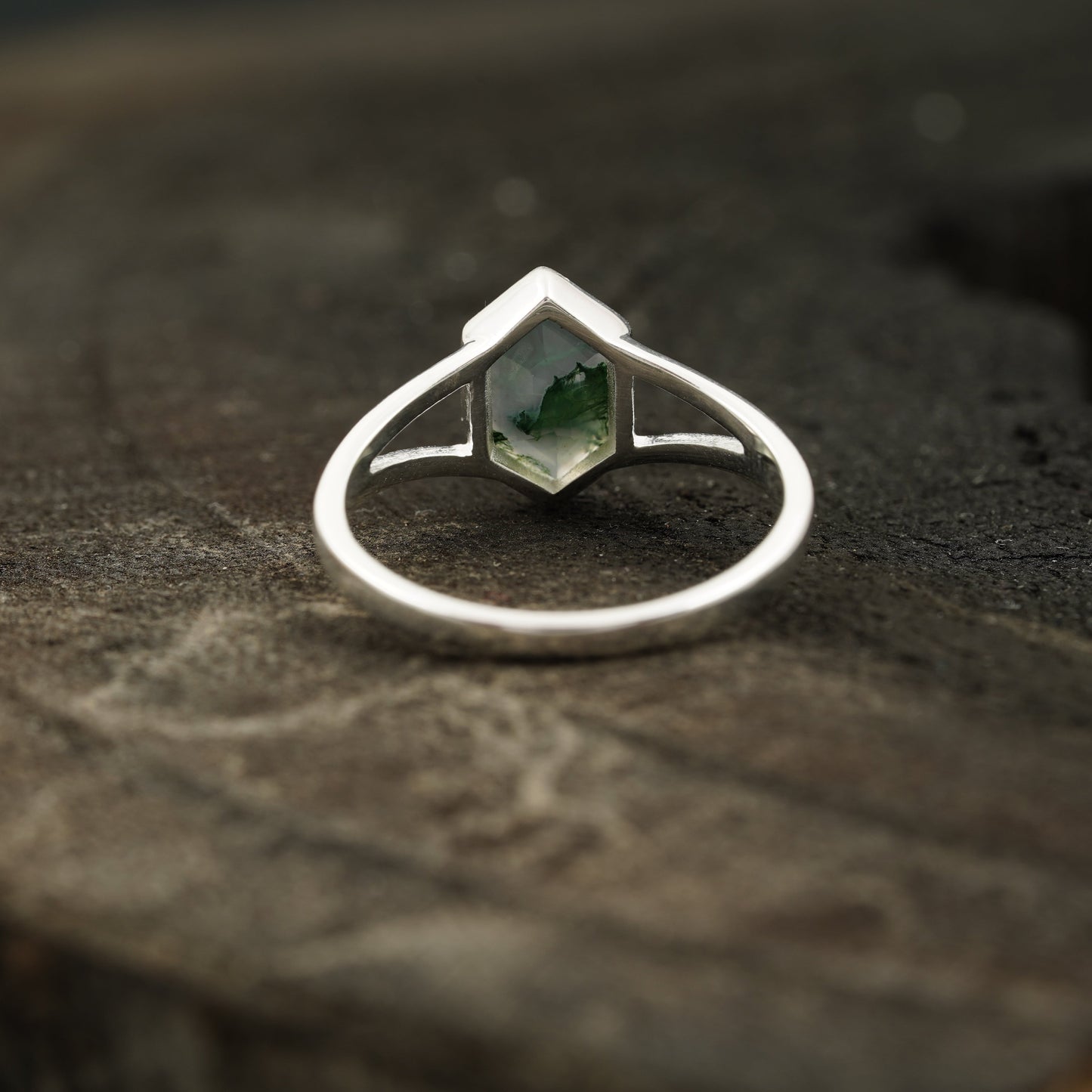 Vintage Bezel Setting Moss Agate Engagement Ring Back Angle