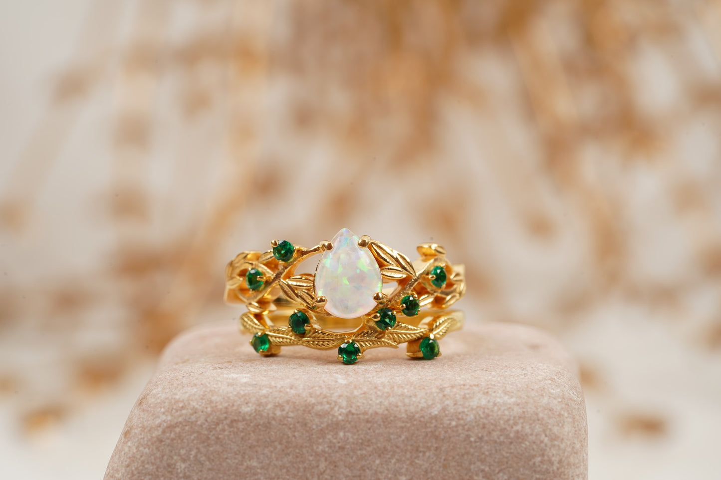 Nature Inspired Opal Engagement Ring Set With Leaf Emerald Band