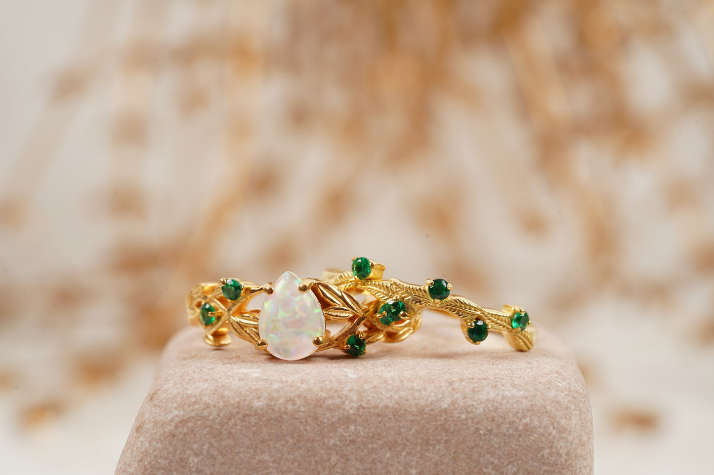 Nature Inspired Opal Engagement Ring Set With Leaf Emerald Band