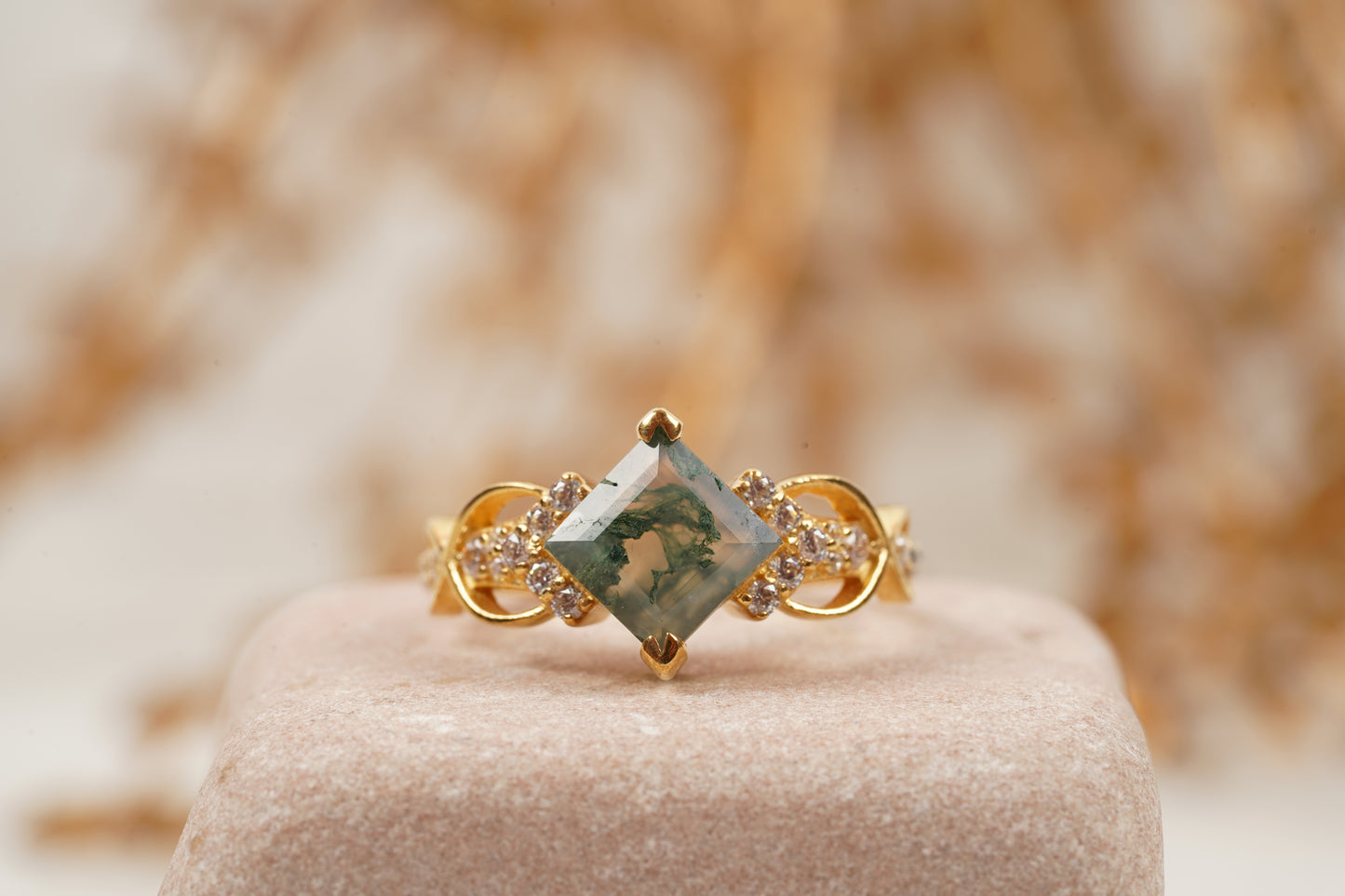 Princess cut Moss Agate engagement ring