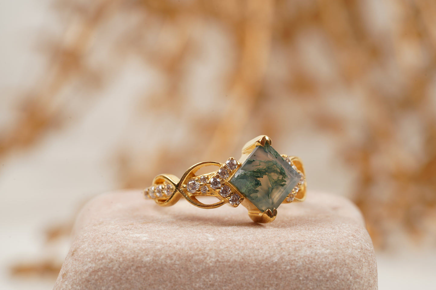 Princess cut Moss Agate engagement ring