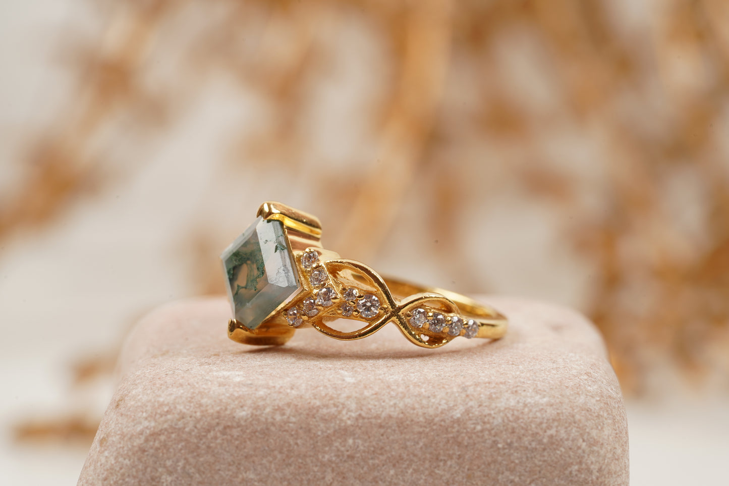 Princess cut Moss Agate engagement ring
