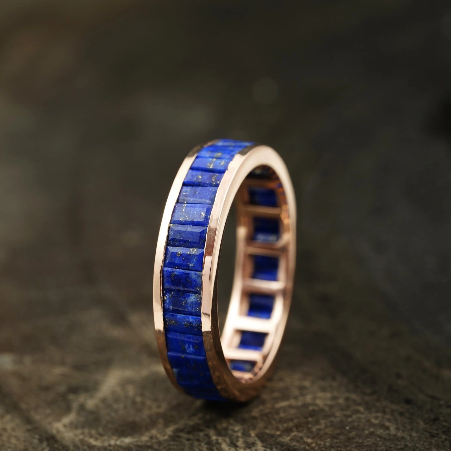 Baguette Cut Lapis lazuli Gemstone Channel Set Wedding Band - MinimalistJewels