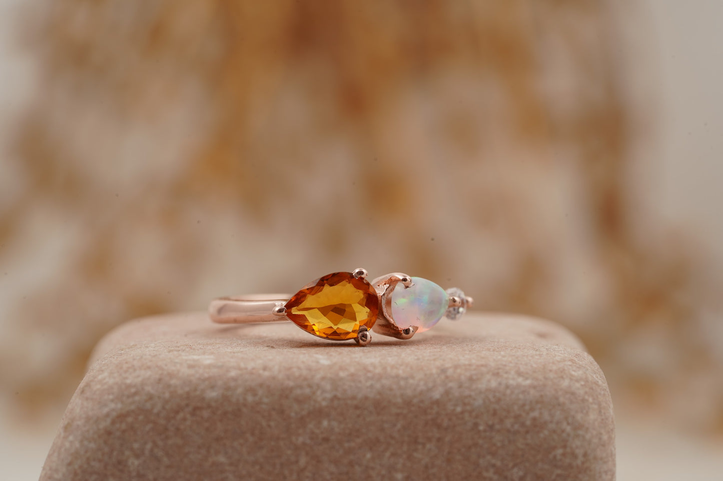 Pear Citrine Gemstone Three Stone Opal Cluster Wedding Ring