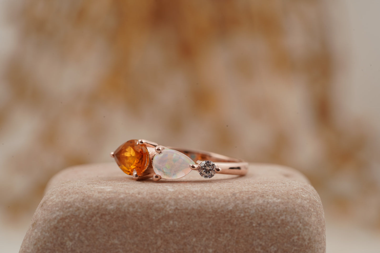 Pear Citrine Gemstone Three Stone Opal Cluster Wedding Ring
