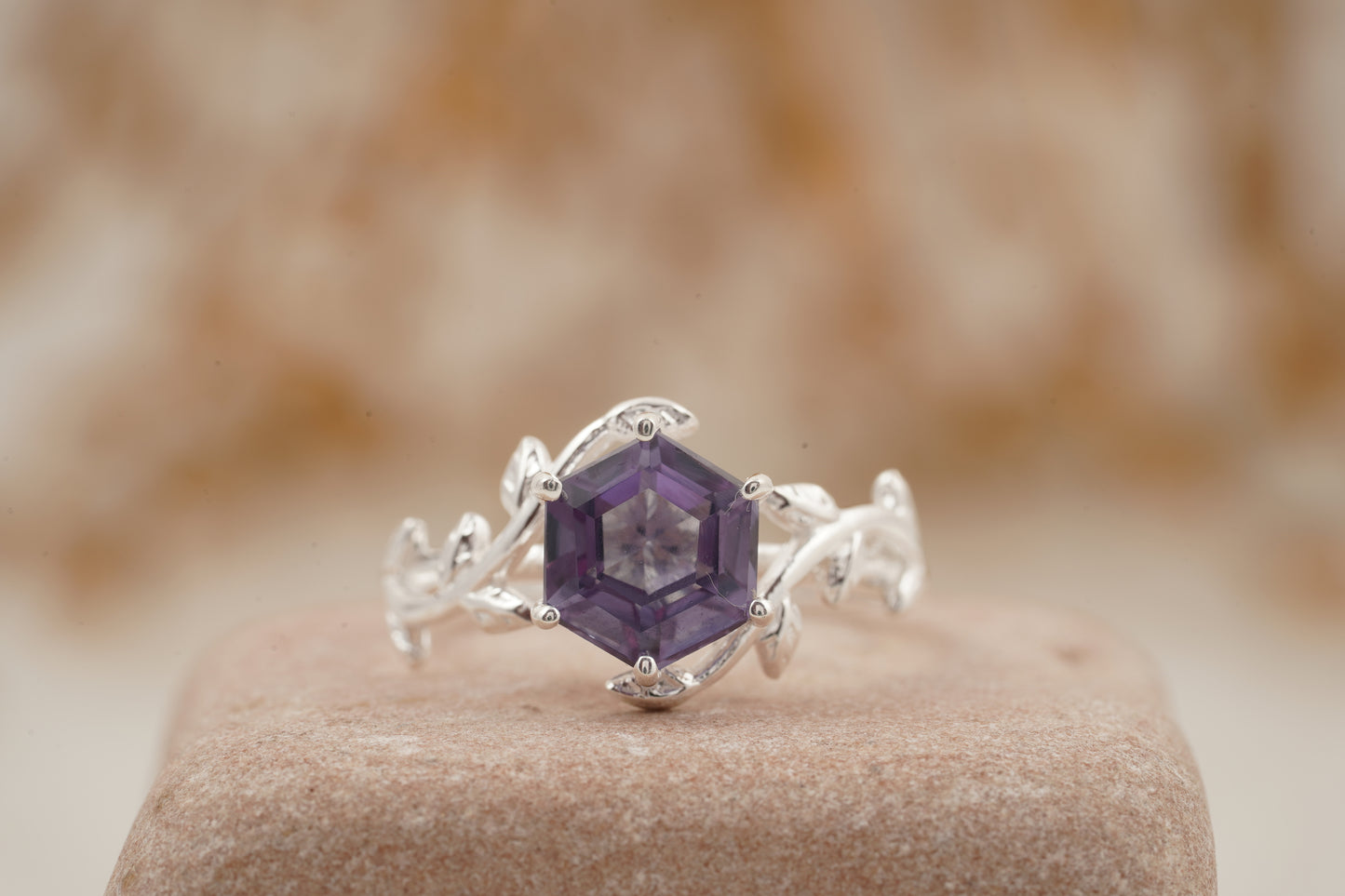 Hexagon Cut Alexandrite Nature Inspired Leaf Engagement Ring
