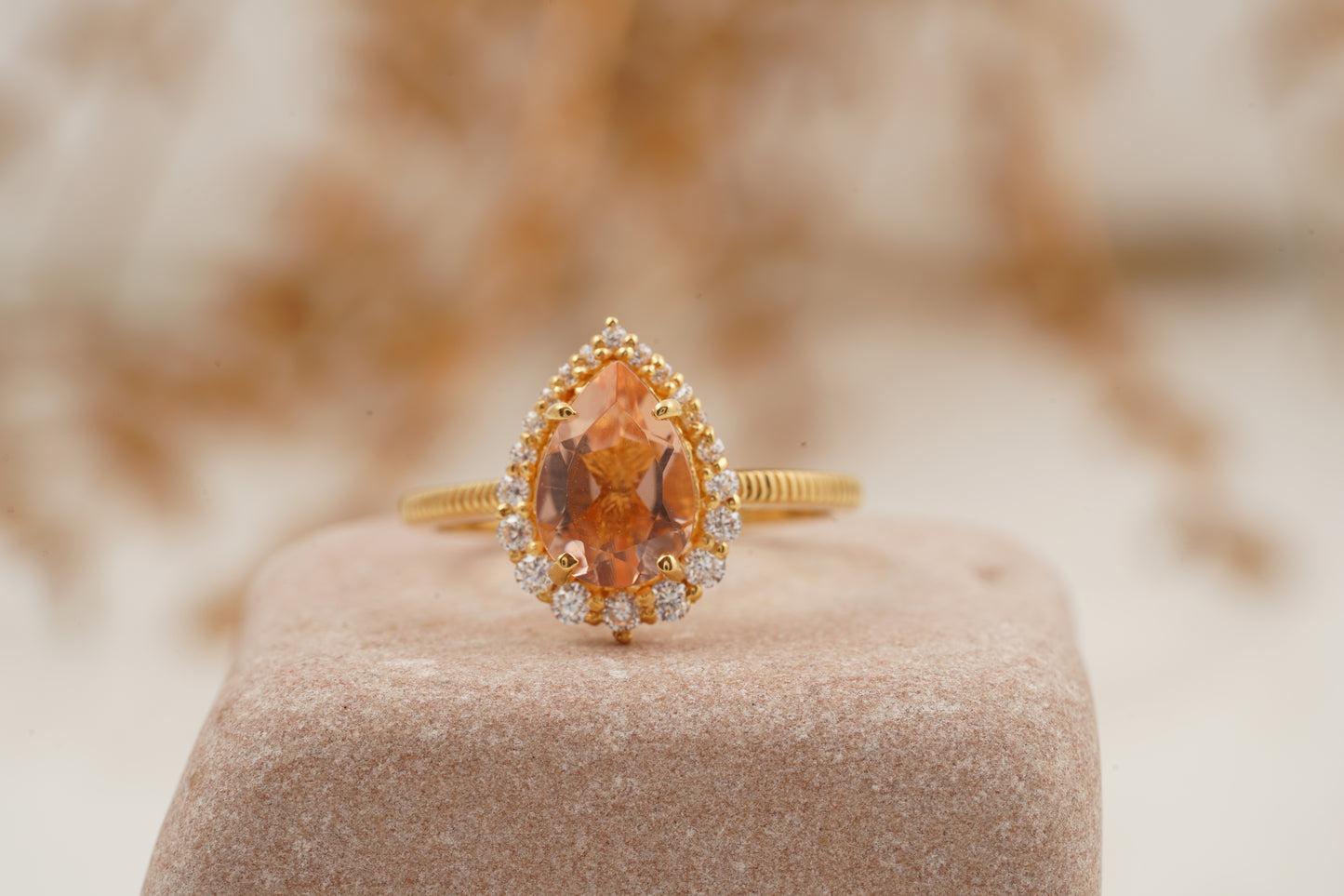 Pear Cut Morganite Halo Diamond Engagement Ring