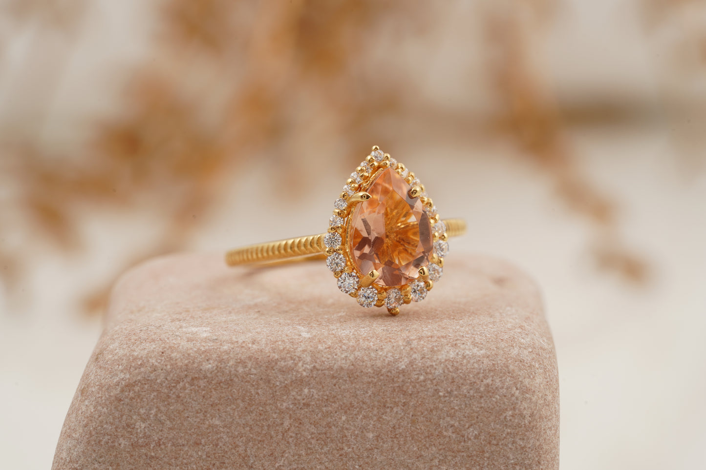 Pear Cut Morganite Halo Diamond Engagement Ring