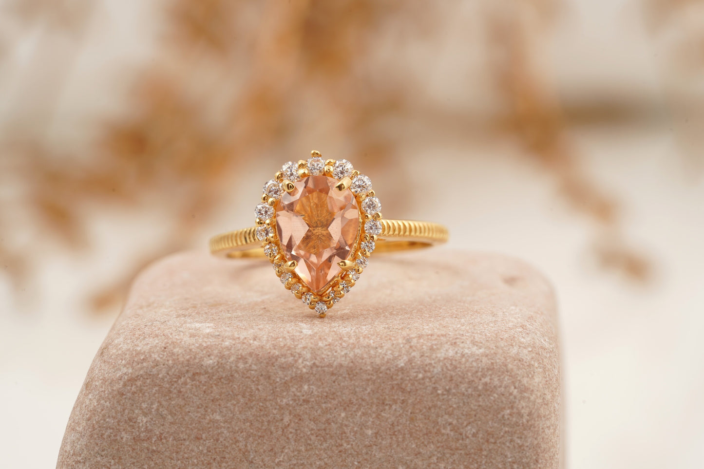 Pear Cut Morganite Halo Diamond Engagement Ring