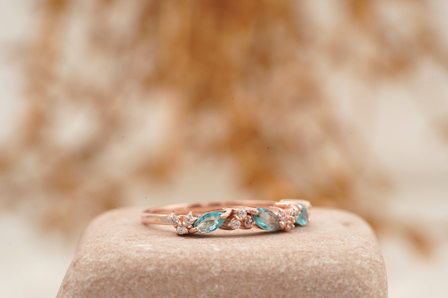 Marquise Aquamarine Wedding Band Solid Gold March Birthstone