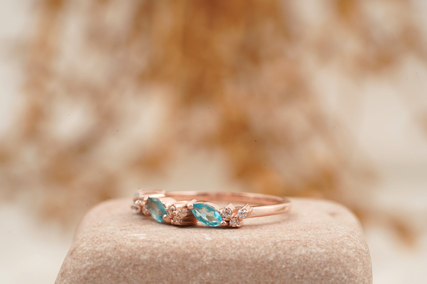 Marquise Aquamarine Wedding Band Solid Gold March Birthstone