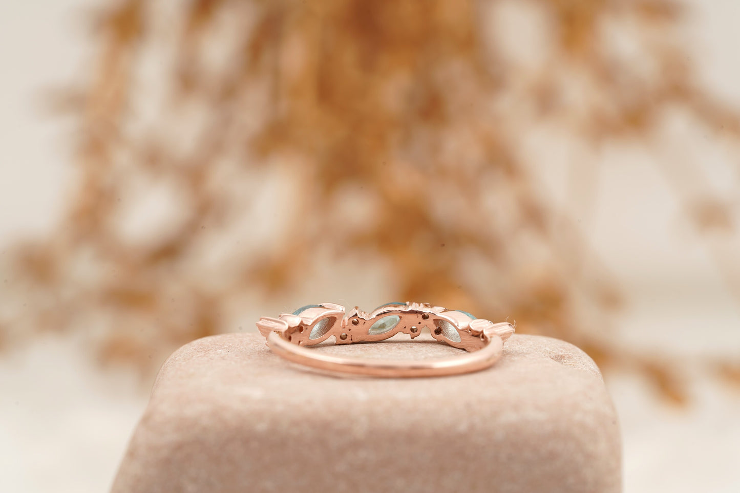 Marquise Aquamarine Wedding Band Solid Gold March Birthstone