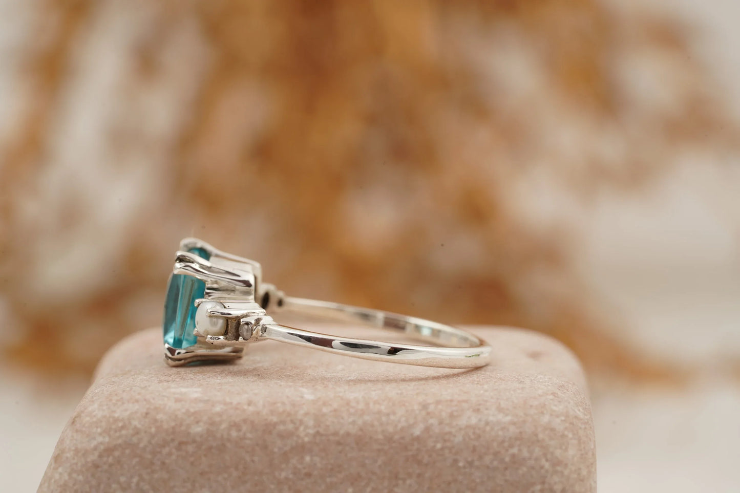 Unique Cushion Cut Aquamarine And Pearl Engagement Ring - MinimalistJewels