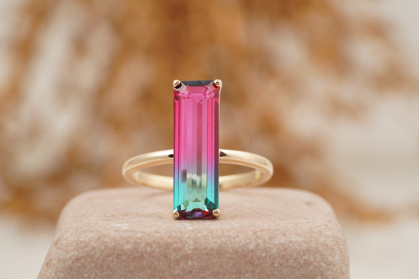 Long Baguette Watermelon Tourmaline Bicolor Engagement Ring