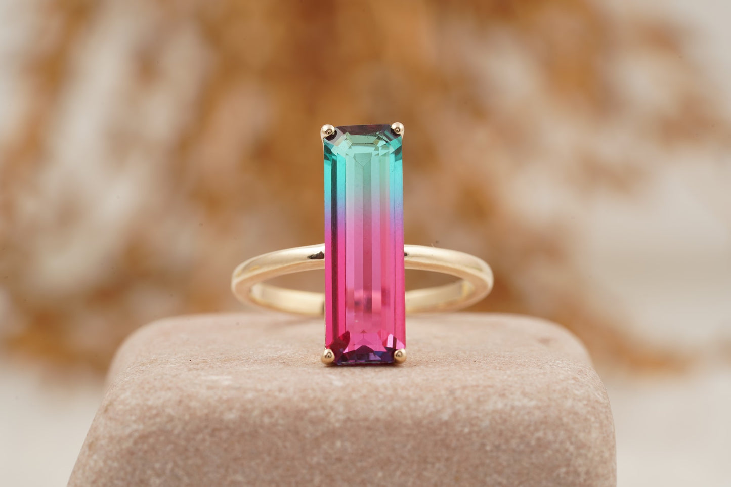 Long Baguette Watermelon Tourmaline Bicolor Engagement Ring