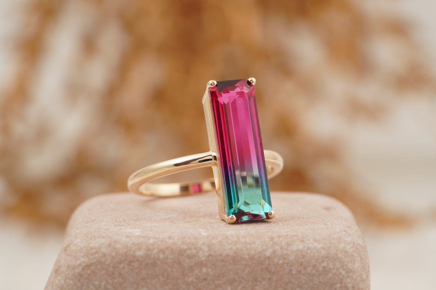Long Baguette Watermelon Tourmaline Bicolor Engagement Ring