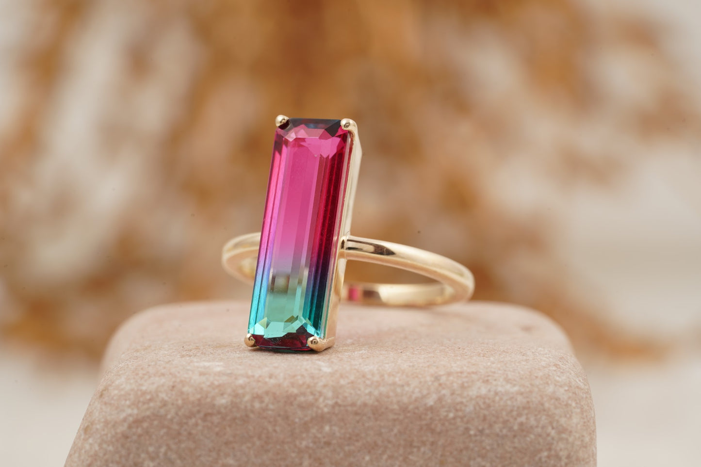 Long Baguette Watermelon Tourmaline Bicolor Engagement Ring