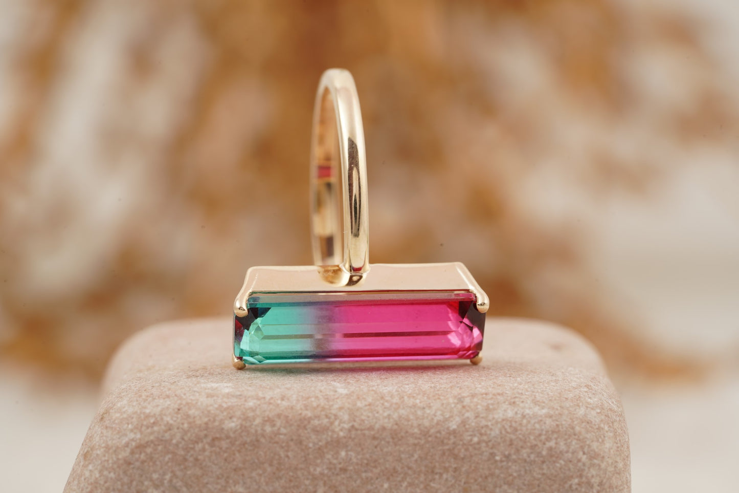 Long Baguette Watermelon Tourmaline Bicolor Engagement Ring