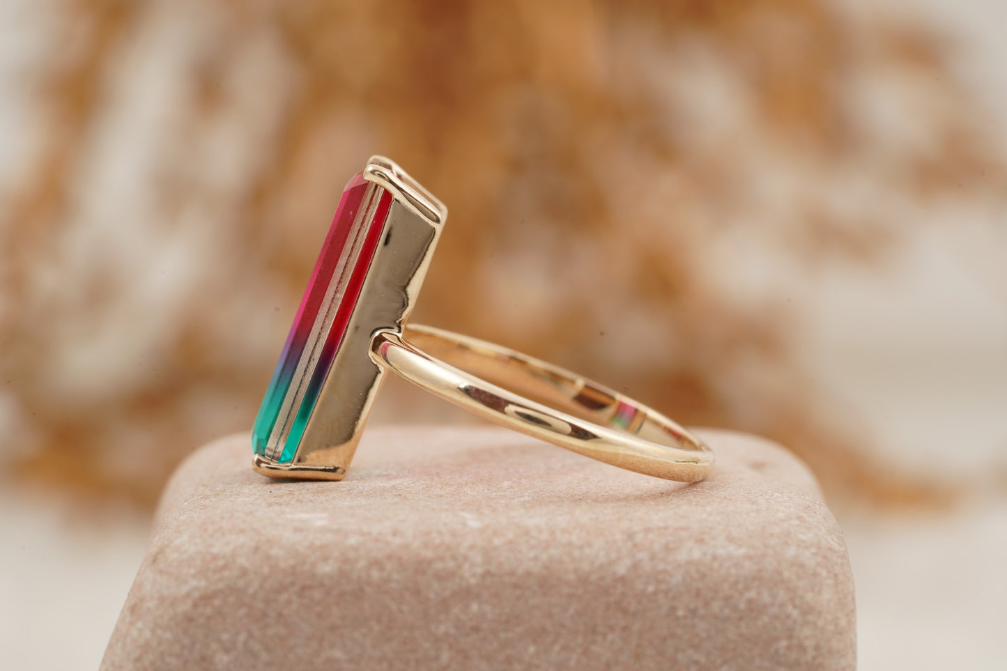 Long Baguette Watermelon Tourmaline Bicolor Engagement Ring