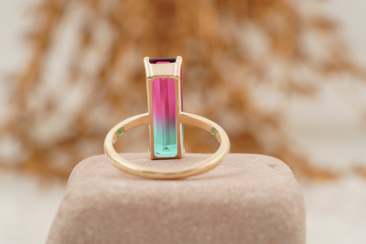 Long Baguette Watermelon Tourmaline Bicolor Engagement Ring