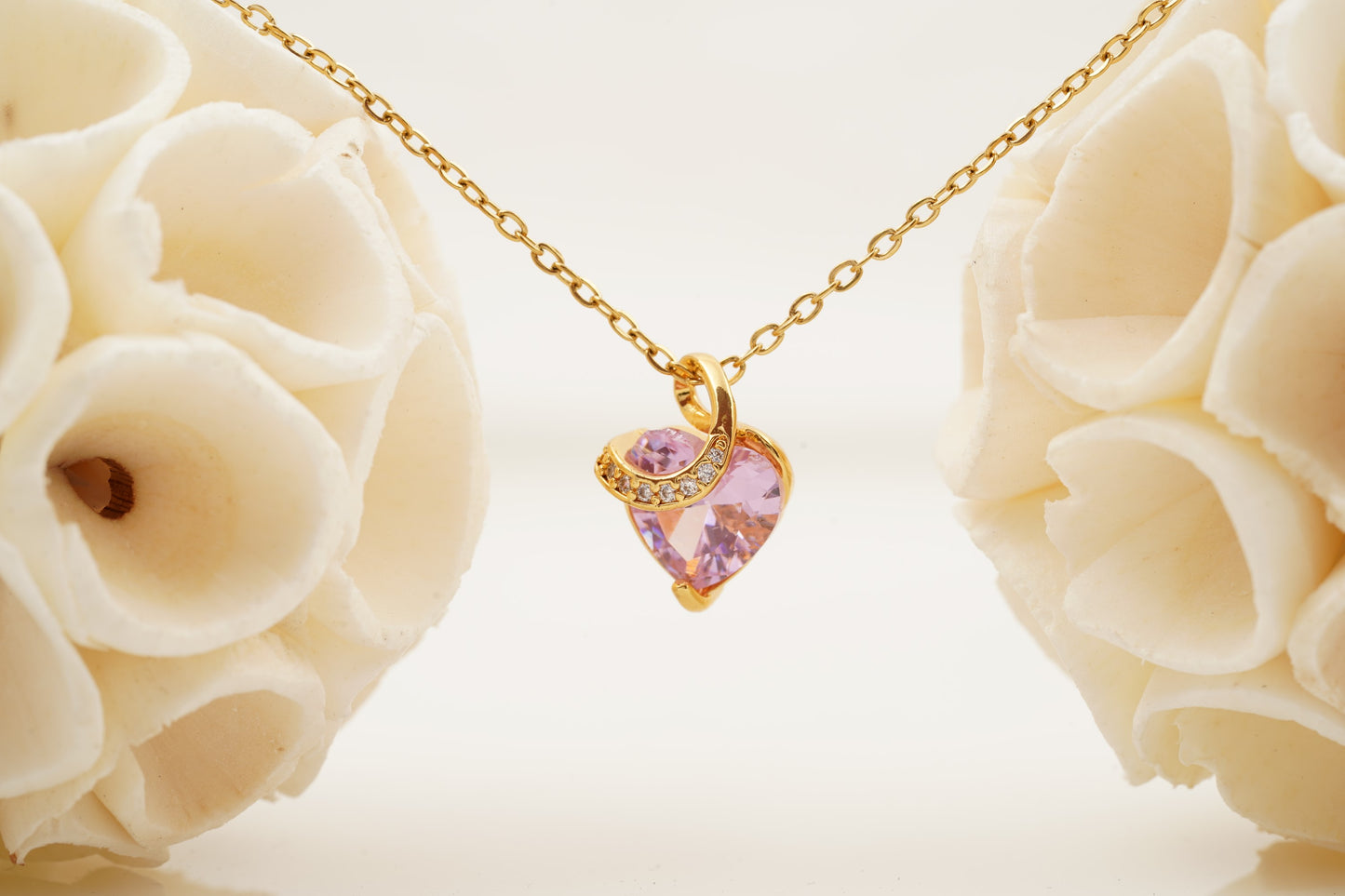 Pink Sapphire Heart Shaped Dainty Necklace With Gold Chain