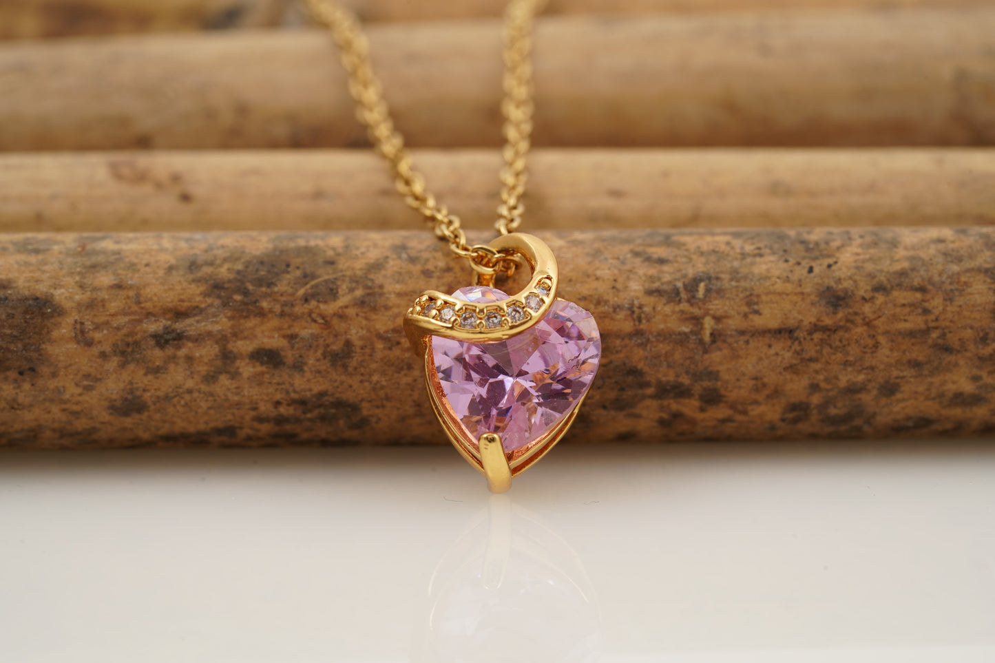 Pink Sapphire Heart Shaped Dainty Necklace With Gold Chain