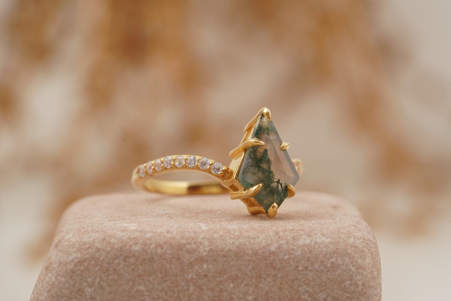 Kite Moss Agate Halo Diamond Engagement Ring