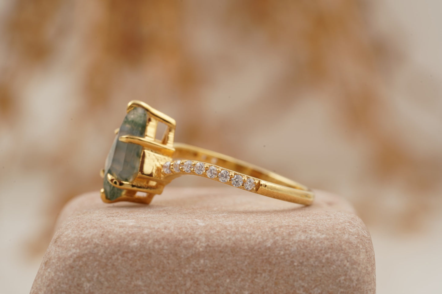 Kite Moss Agate Halo Diamond Engagement Ring