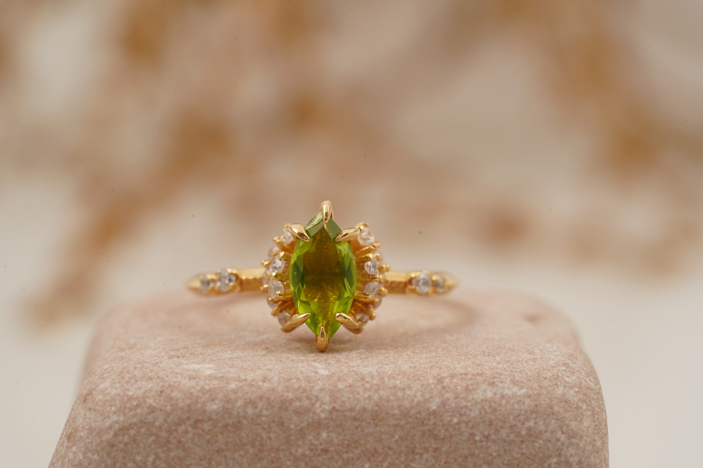 Marquise Cut Cluster Halo Diamond Peridot Engagement Ring