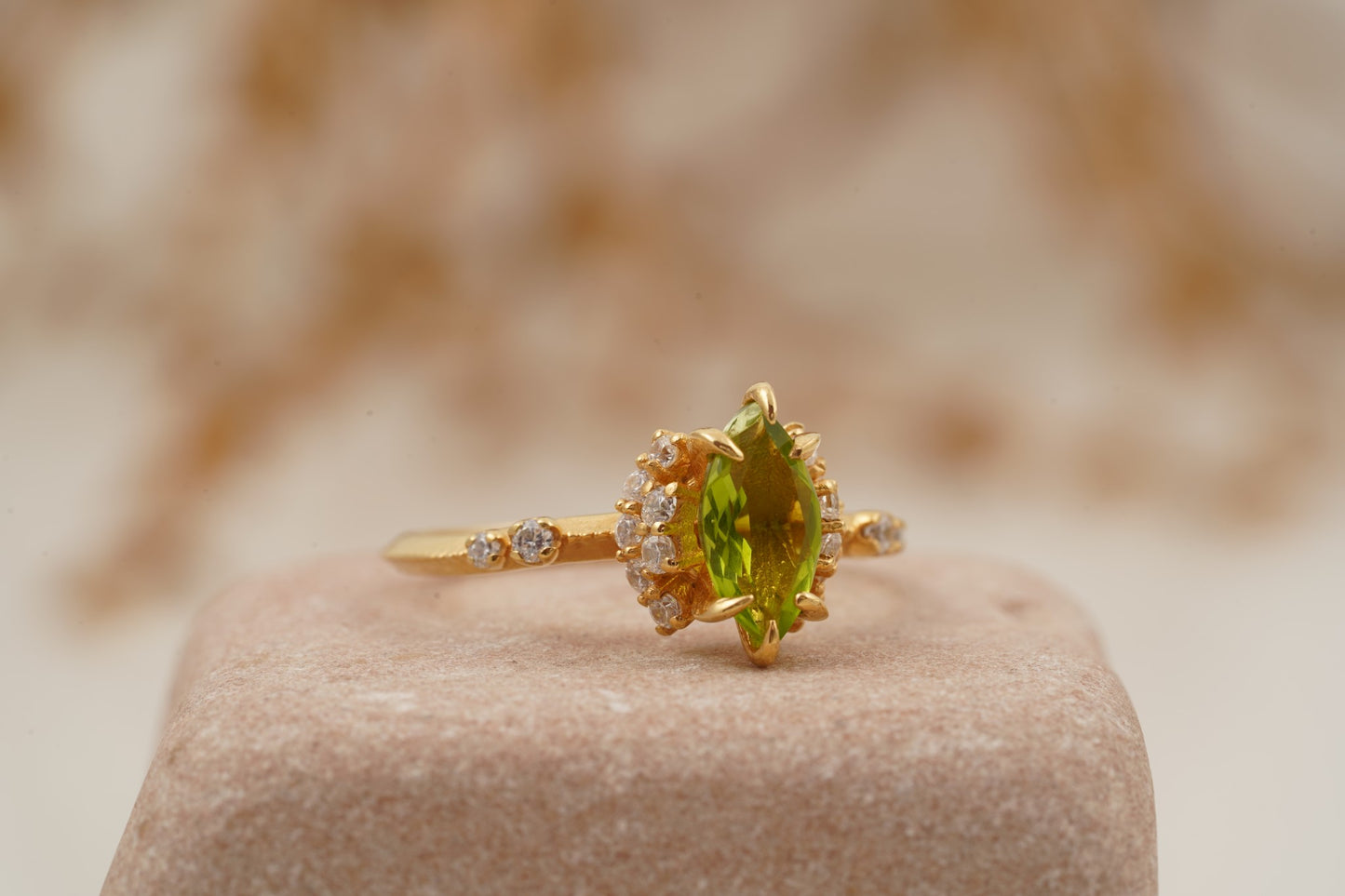 Marquise Cut Cluster Halo Diamond Peridot Engagement Ring