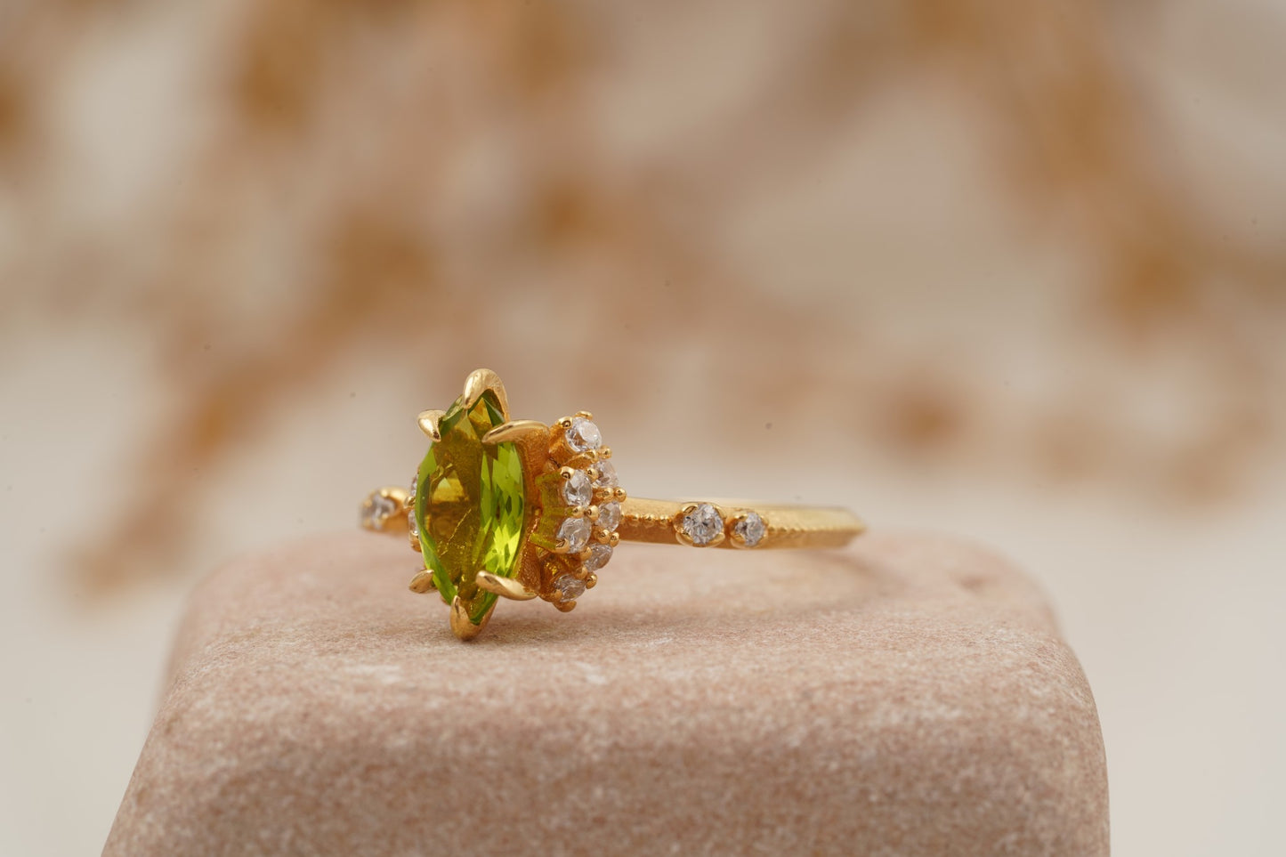 Marquise Cut Cluster Halo Diamond Peridot Engagement Ring