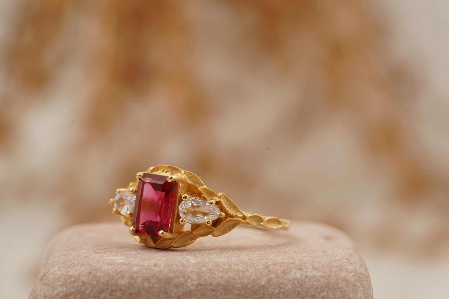 Emerald Cut Ruby Nature Inspired Leaf Gold Stacking Ring